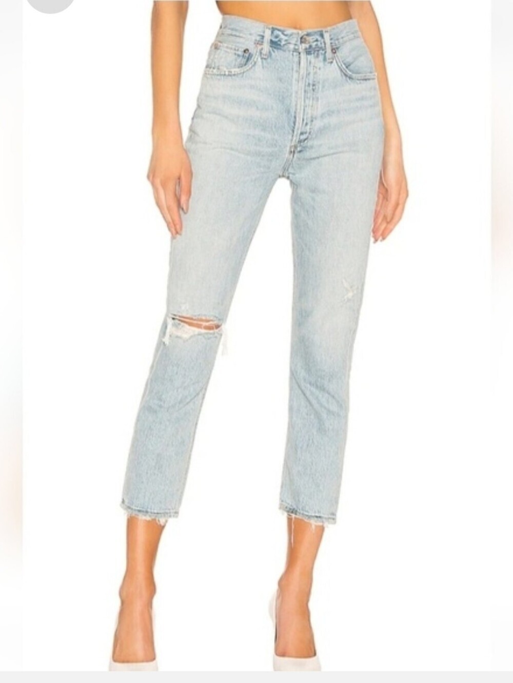 AGOLDE Light Blue High-Rise Straight-Leg Jeans with Knee Distress
